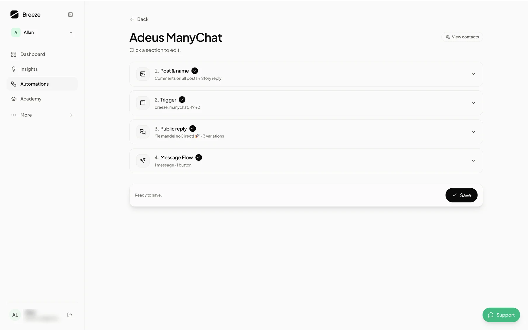 Automatización Comentario → DM armada en el panel de Breeze