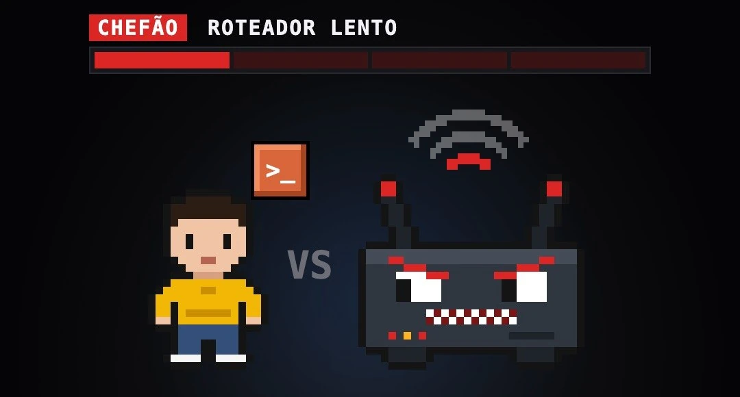 Chefão roteador lento em pixel art: o personagem com terminal do Claude Code contra um roteador zangado
